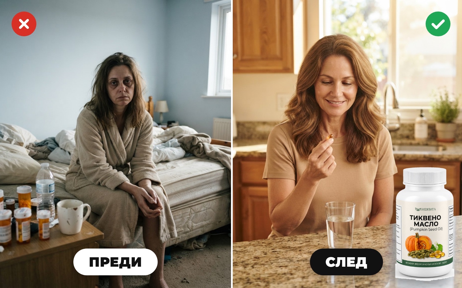 Преди и след: изтощение и безсънни нощи срещу спокойна сутрин с Herbita Тиквено Масло